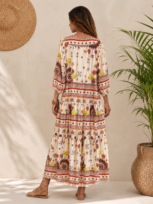 LUNA LLENA-Abito Midi Stampa Boho con Ricamo