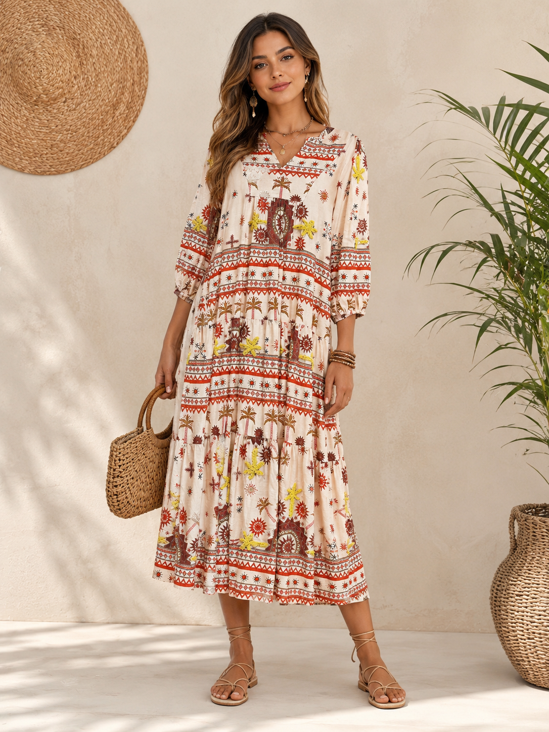 LUNA LLENA-Abito Midi Stampa Boho con Ricamo