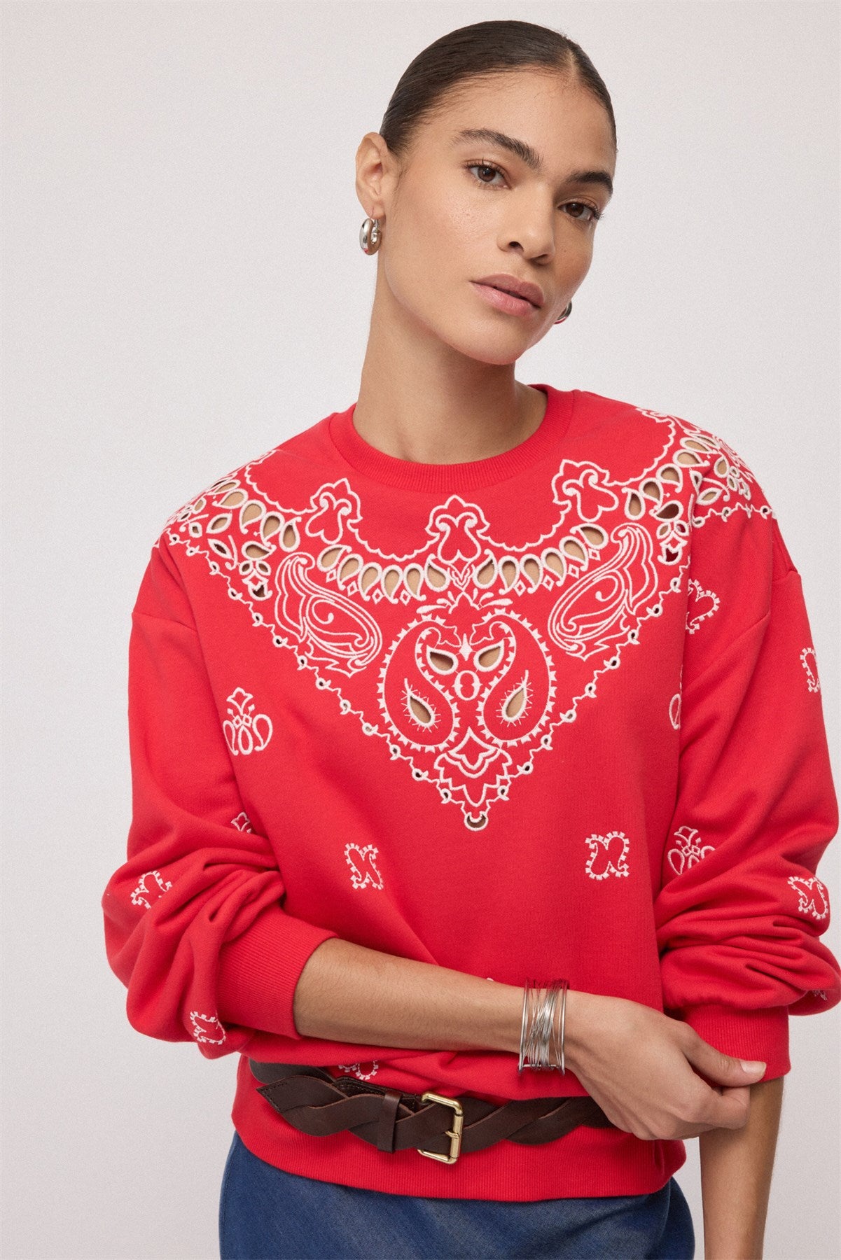 OTTOD'AME - Felpa in cotone con ricamo bandana